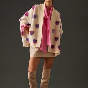 Anthropologie Cream Cardigan with Purple and Pink Hearts